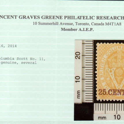 British Columbia #11 Mint Wing Margin Copy **With Certificate**