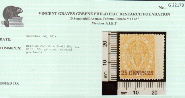 British Columbia #11 Mint Wing Margin Copy **With Certificate**