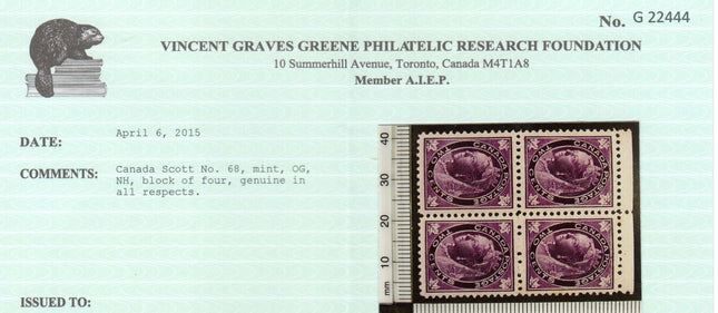 Canada #68 XF/NH Block **With Certificate**