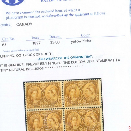Canada #63 VF Mint Block **With Two Certificates**