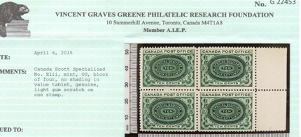 Canada #E1ii XF/NH No Shading In Value Tablet Block **With Cert.**