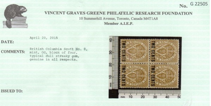 British Columbia #8 VF Mint Block **With Certificate**