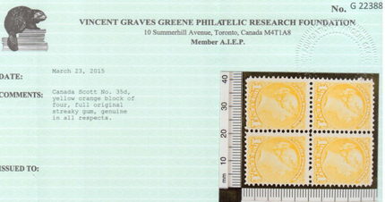 Canada #35d VF Mint Rare Block **With Certificate**