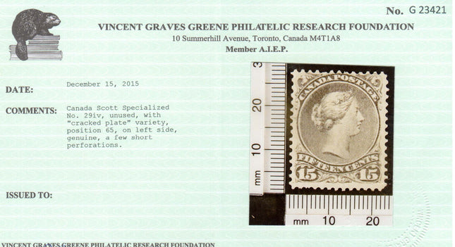 Canada #29iv Mint Cracked Plate Variety **With Certificate**