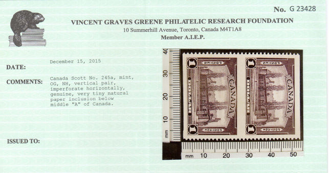 Canada #245a XF/NH Imperf Pair **With Certificate**