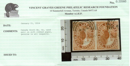Canada #4c XF Used Pair On Soft Ribbed Paper **With Cert.**