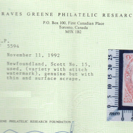 Newfoundland #15 Used Stitch Watermark Variety **With Certificate**