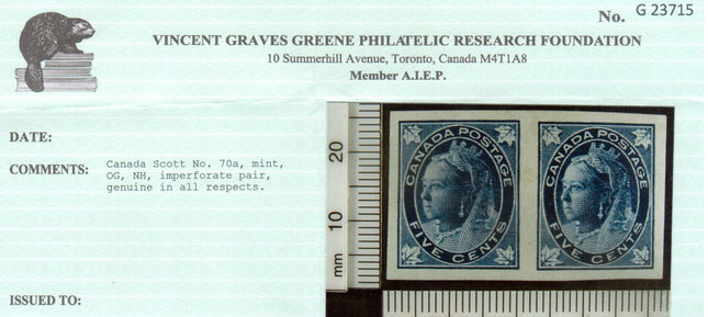 Canada #70a XF/NH Imperf Pair **With Certificate**