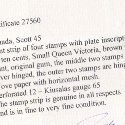 Canada #45 Mint Plate Counter Strip Of Four **With Certificate**