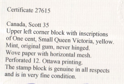Canada #35 Mint UL Margin Block **With Certificate**