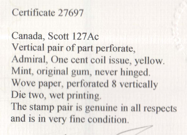 Canada #126ac XF/NH Pair **With Certificate**