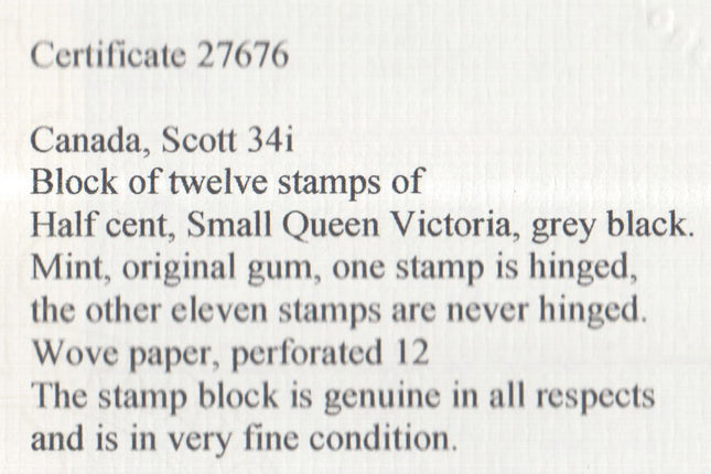 Canada #34i Mint Block Of Twelve **With Certificate**