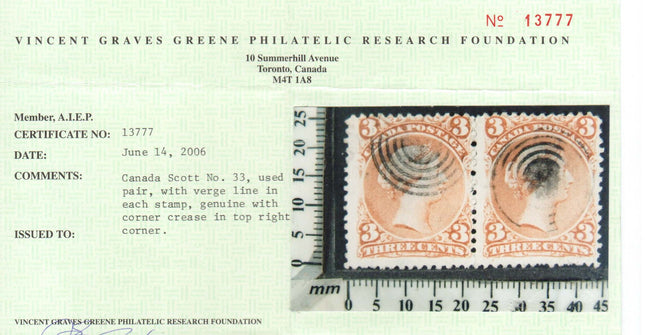 Canada #33 Used Pair **With Certificate**