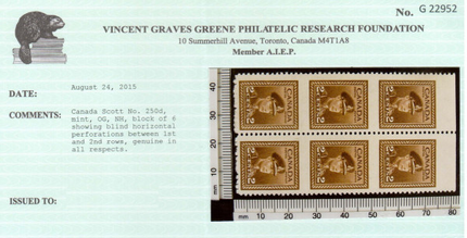 Canada #250d VF/NH Block Of Six **With Certificate**