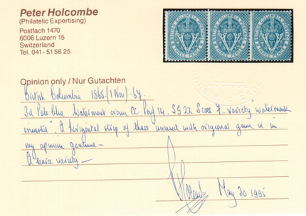 British Columbia #7i Mint Inverted Watermark Strip Of Three *With Cert.*