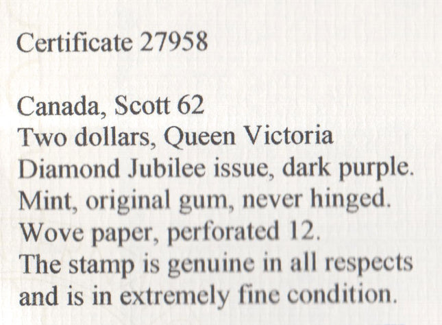 Canada #62 XF/NH **With Certificate**