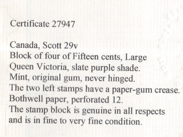 Canada #29v VF Mint NH Unique Block With Rare Bothwell Paper **With Certificate**