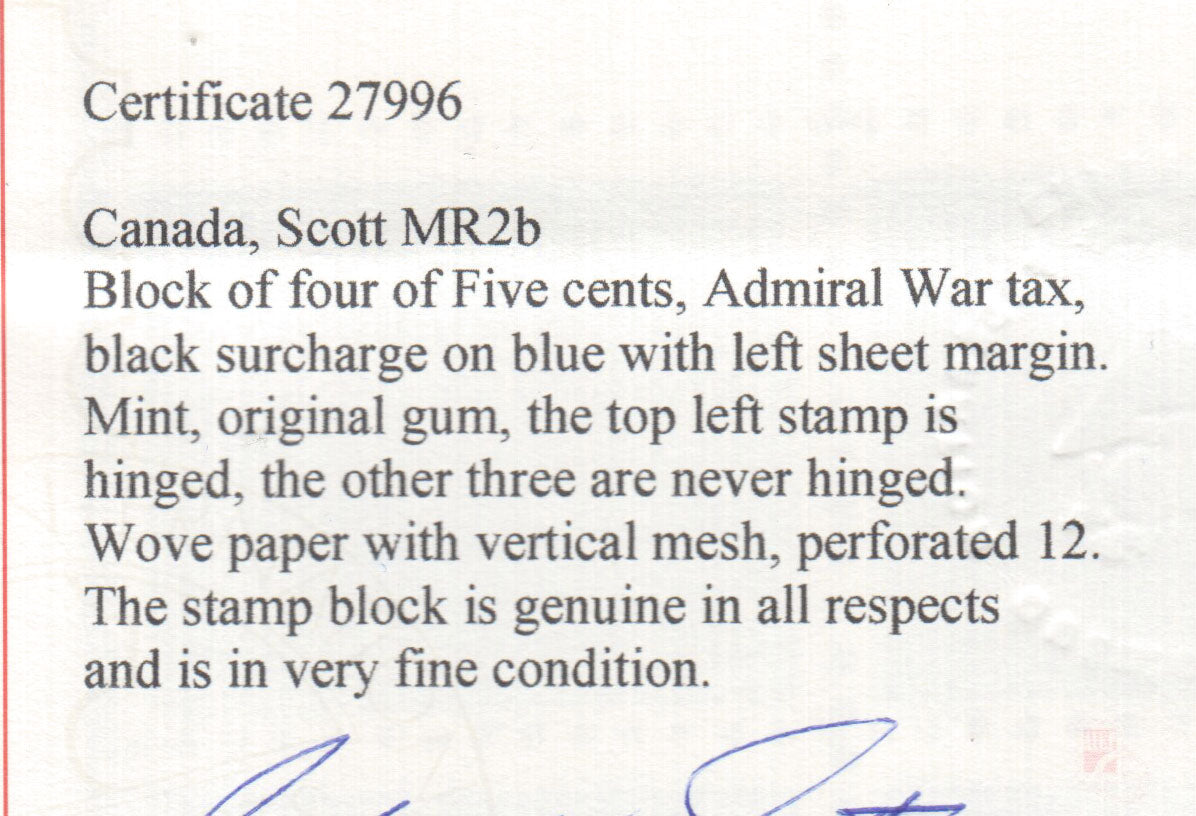 Mr2b Form.pdf Canada #MR2b VF Mint Block **With Certificate** – City Stamp