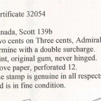 Canada #139b NH Mint Double Overprint **With Cert.**