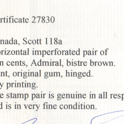 Canada #118a XF Mint Imperf Pair **With Certificate**