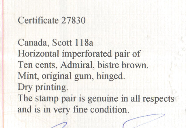 Canada #118a XF Mint Imperf Pair **With Certificate**