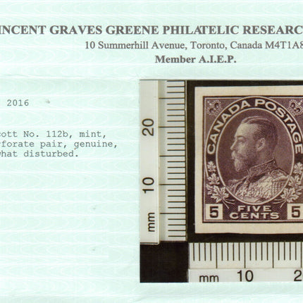 Canada #112b XF Mint Imperf Pair **With Certificate**