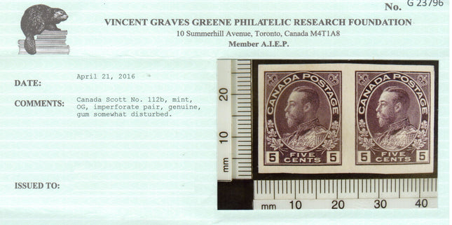 Canada #112b XF Mint Imperf Pair **With Certificate**
