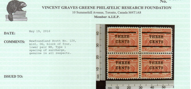 Newfoundland #128 XF Mint Block **With Certificate**