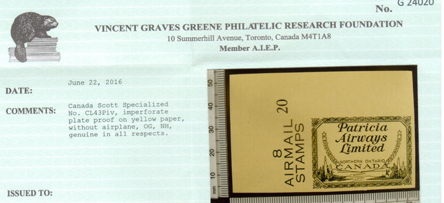 Canada #CL43Piv XF/NH Imperforate Proof On Yellow Stamp Paper **With Cert.**