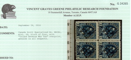 Canada #MR2bi NH Mint Block **With Certificate**