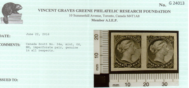 Canada #34a XF/NH Imperf Pair **With Certificate**