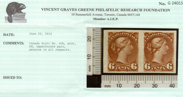 Canada #43b XF Mint Imperf Pair **With Certificate**