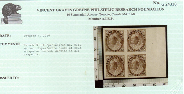 Canada #83ii XF Mint Imperf Block **With Certificate**