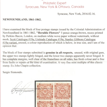 Newfoundland #19a XF Mint Block **With Certificate**
