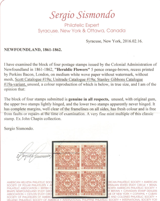 Newfoundland #19a XF Mint Block **With Certificate**