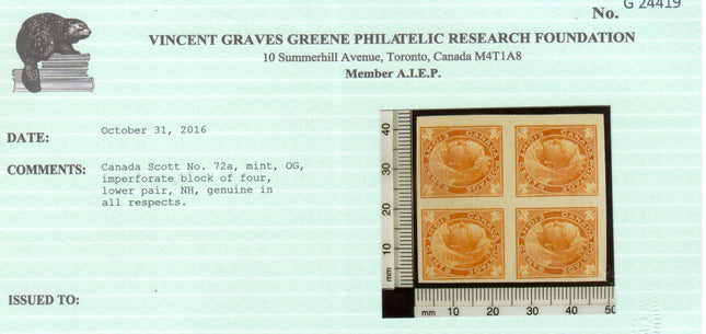 Canada #72a VF Mint Imperf Block **With Certificate**