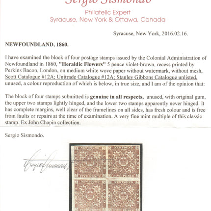 Newfoundland #12a XF Mint Block **With Certificate**