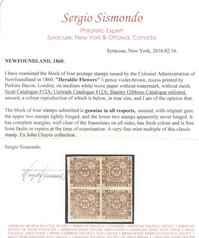 Newfoundland #12a XF Mint Block **With Certificate**