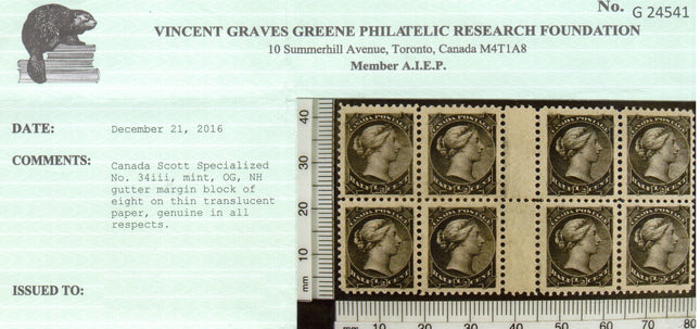 Canada #34iii XF/NH Gutter Block Of Eight **With Certificate**