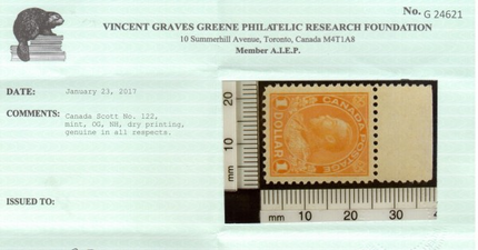 Canada #122 XF/NH Gem Top Margin Example **With Certificate**
