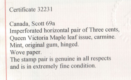 Canada #69a XF Mint Imperf Pair **With Certificate**
