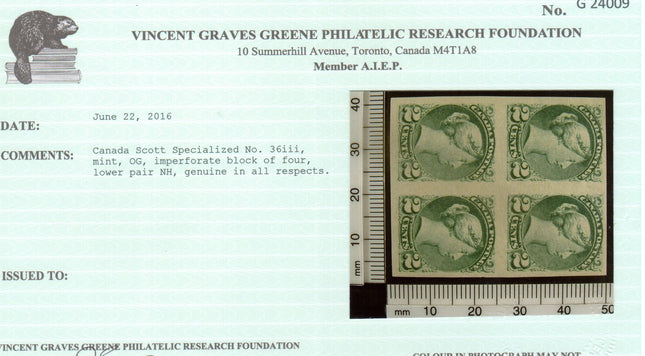 Canada #36iii XF Mint Imperf Block **With Certificate**