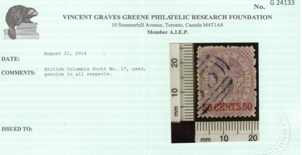 British Columbia #17 XF Used Gem **With Certificate**