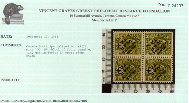 Canada #MR2ci XF/NH Block **With Certificate**