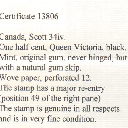 Canada #34iv VF/NH Major Reentry **With Certificate**
