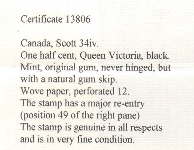 Canada #34iv VF/NH Major Reentry **With Certificate**