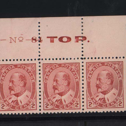 Canada #90 Superb Mint Plate #84 Strip Of Three