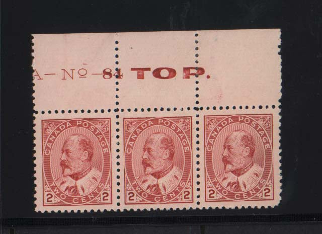 Canada #90 Superb Mint Plate #84 Strip Of Three