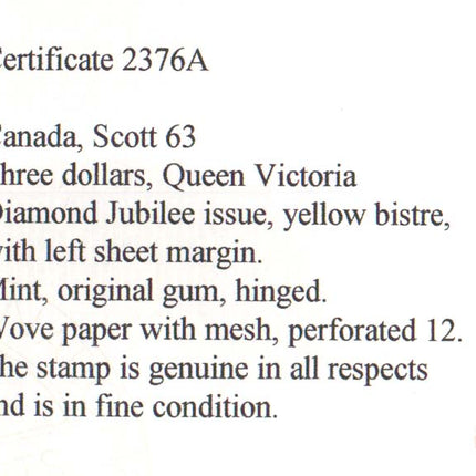 Canada #63 Mint Margin Copy  **With Certificate**