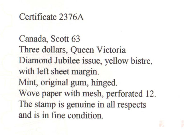 Canada #63 Mint Margin Copy  **With Certificate**